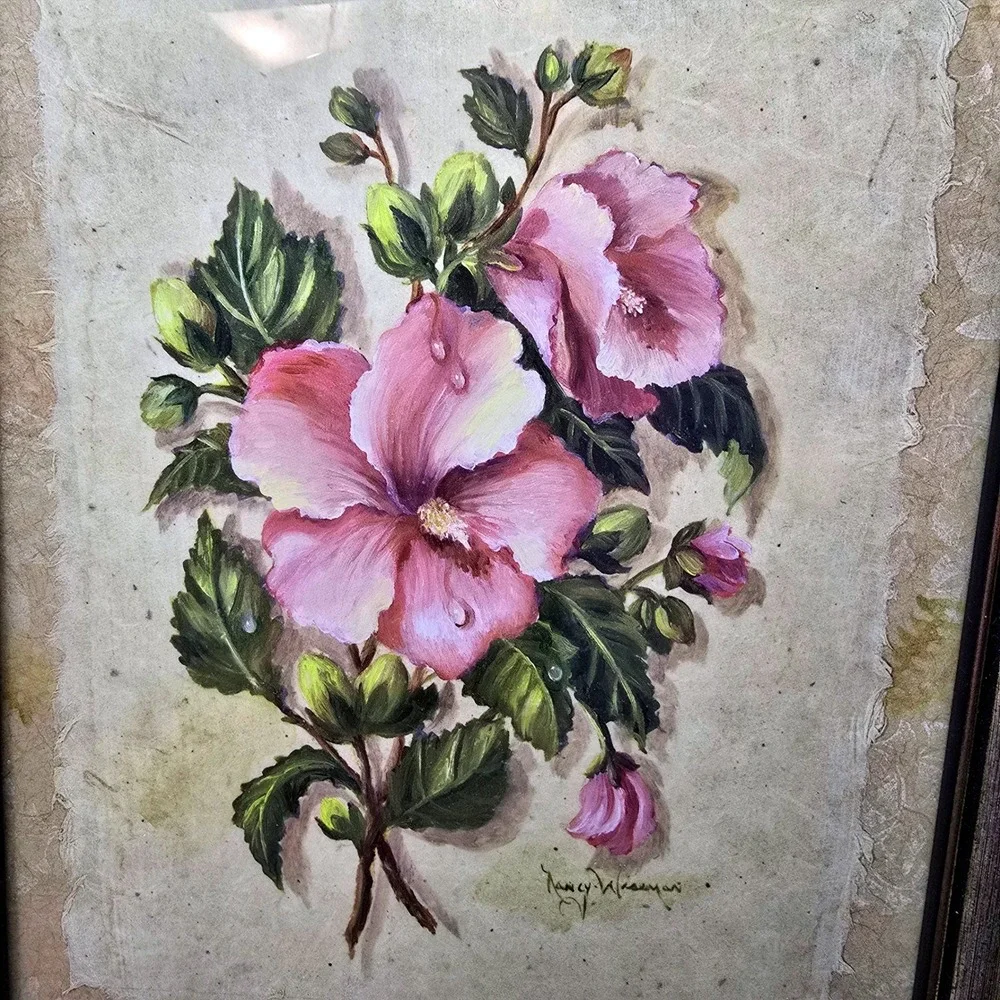 Nancy Wiseman Signed Floral Painting Pair Pink Hibiscus Peony Framed Art Set 2
